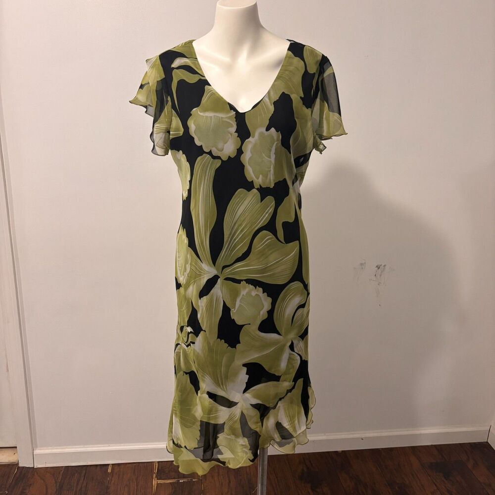 Los Angeles Gal size 14 Green Floral 90s Flowy Bias Cut Short Sleeve Midi Dress